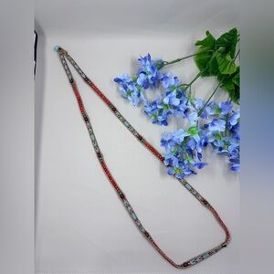 Boho Red and Turquoise Beaded Long Handmade Necklace